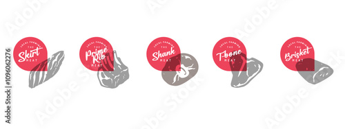 Meat cut icons with lettering, meat packaging design elements, vector hand drawn illustration