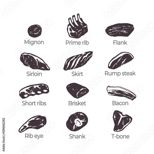 Beef cuts silhouette icons, guide for butcher shop, hand drawn meat elements