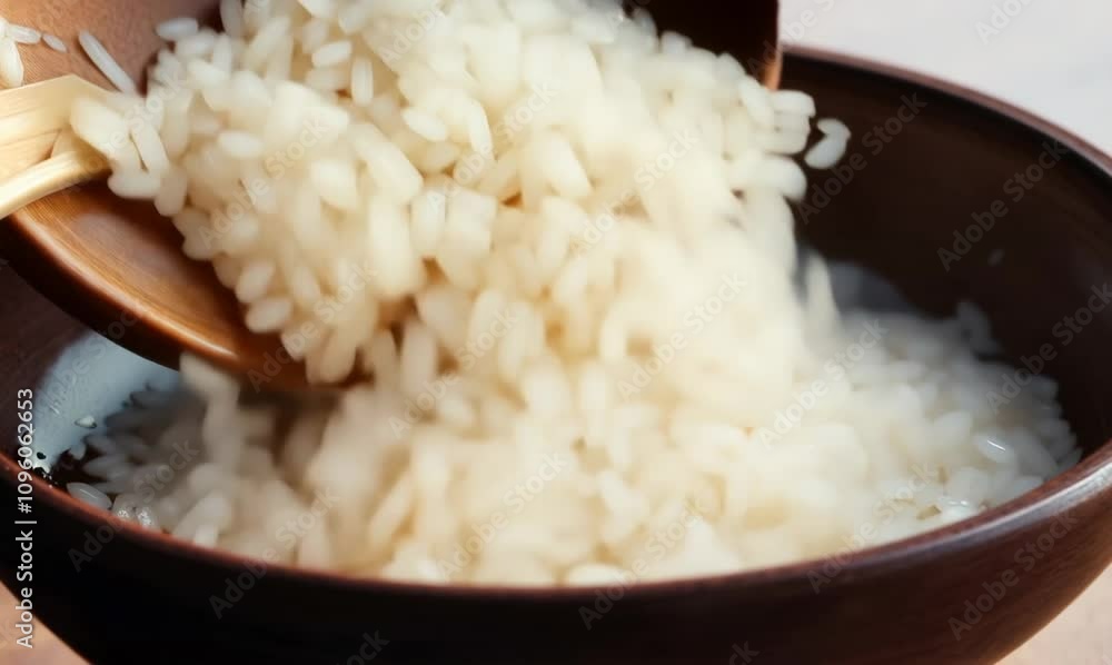 scooping fluffy rice into a bowl closeup shot scooping fluffy rice into a bowl closeup shot