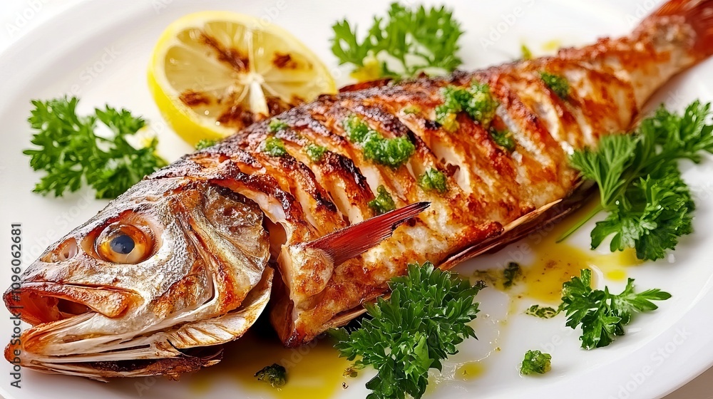 Delicious grilled red mullet fish with garnishes like lemon Delicious grilled red mullet fish with garnishes like lemon