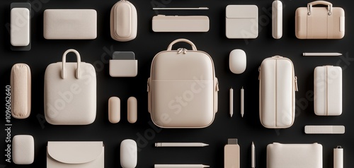 Travel restrictions remote work concept. A stylish assortment of beige bags, cases, and accessories arranged aesthetically on a black background.