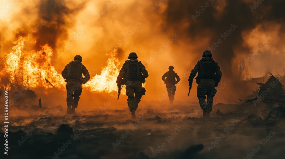 Futuristic soldiers walking through a burning, dystopian cityscape with smoke and fire. Post-apocalyptic and military science fiction photography for design and print. Conflict and survival concept. Futuristic soldiers walking through a burning, dystopian cityscape with smoke and fire. Post-apocalyptic and military science fiction photography for design and print. Conflict and survival concept.