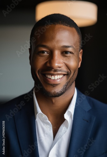 Portrait of a smiling man black businessman portrait Ultra realistic Photorealistic hyperdetailed photography soft light head and shoulders portrait cover