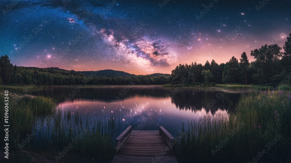 Tranquil setting with a peaceful lake reflecting a star-filled sky Tranquil setting with a peaceful lake reflecting a star-filled sky