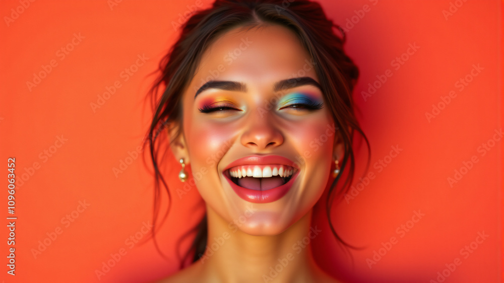 Smiling Individual with Pastel Eyeliner and Soft Coral Background Smiling Individual with Pastel Eyeliner and Soft Coral Background