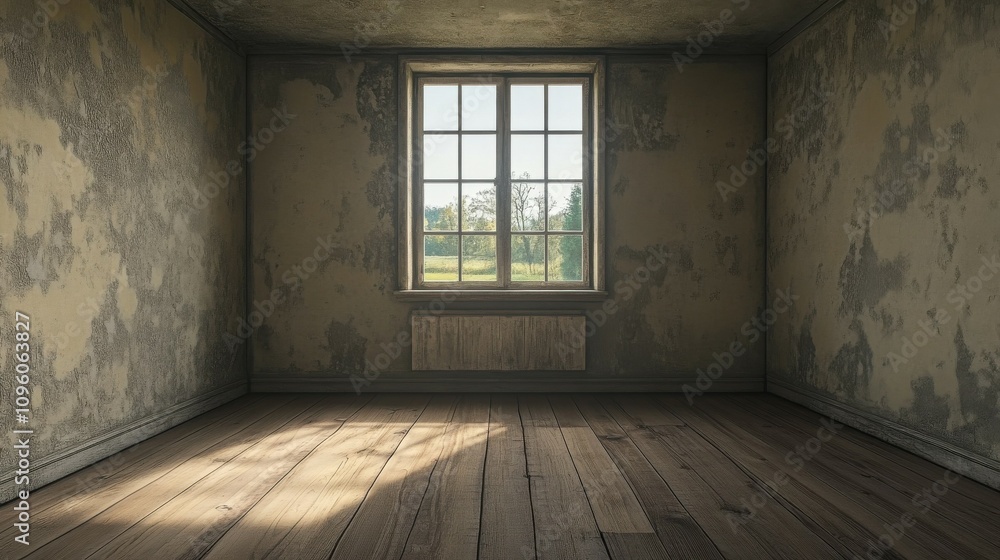 Vacant room with a single window and no furniture Vacant room with a single window and no furniture