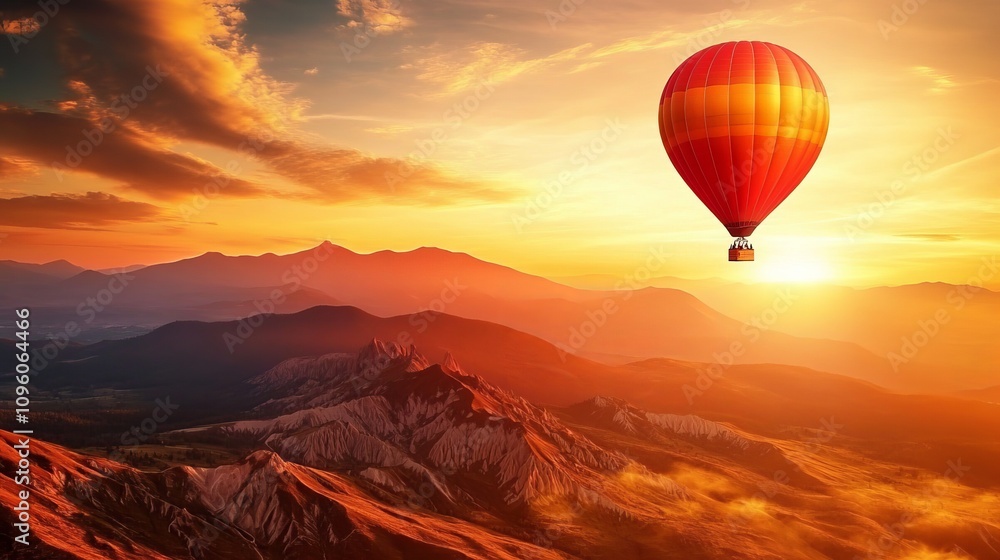 Fototapeta premium Hot air balloon above high mountain at sunset, filtered background