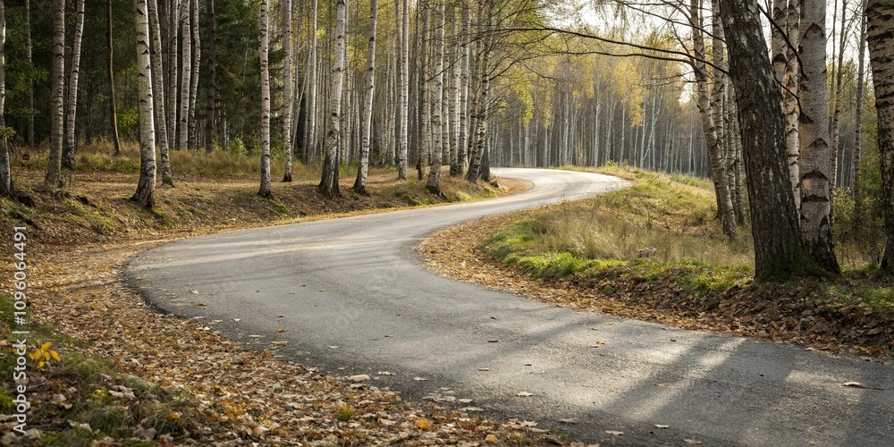 Fototapeta premium The road winding through the birch grove with fallen leaves on the ground, birch forest, natural landscape