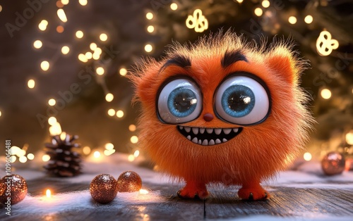 happy cute adorable furry 3d monster cartoon charachter with huge eyes christmas background 