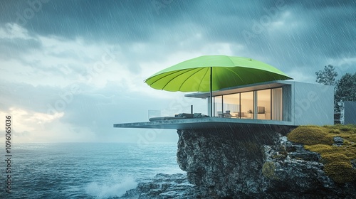 With a wet sky and an ocean backdrop, a contemporary home perched on a cliff is shielded by a huge green umbrella. idea for safety and insurance.  photo