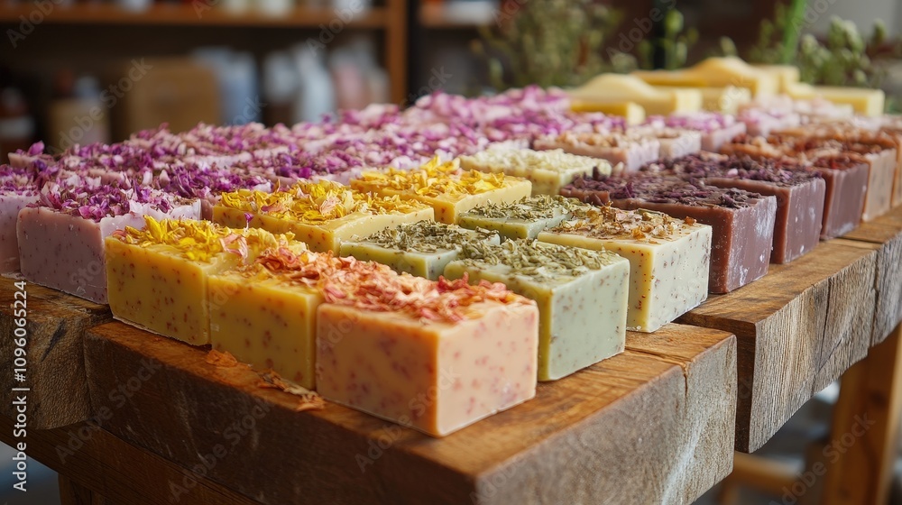 A vibrant display of natural handmade soaps arranged in colorful blocks on a wooden shelf, showcasing organic ingredients. A vibrant display of natural handmade soaps arranged in colorful blocks on a wooden shelf, showcasing organic ingredients.