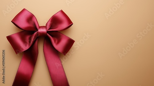 Red ribbon with a bow on a beige background, top view. Vector illustration of a gift or present for a birthday party celebration, greeting card, and invitation design. Red ribbon with a bow on a beige