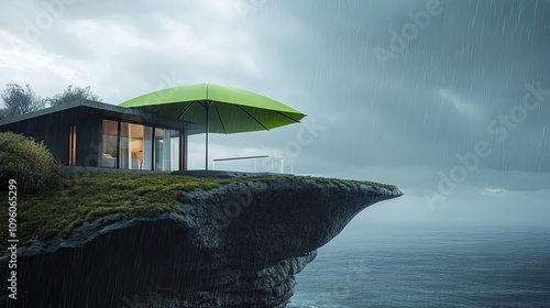 With a wet sky and an ocean backdrop, a contemporary home perched on a cliff is shielded by a huge green umbrella. idea for safety and insurance.  photo