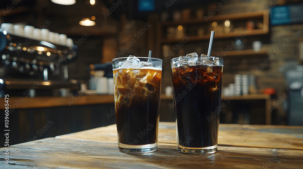 A Captivating Contrast Between Two Cold Black Coffees: One Murky and the Other Clear, Perfectly Complementing Each Other A Captivating Contrast Between Two Cold Black Coffees: One Murky and the Other Clear, Perfectly Complementing Each Other