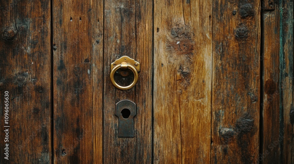 Wooden entryway with a brass handle and keyhole. Wooden entryway with a brass handle and keyhole.