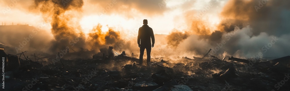 A person stands in the foreground, facing a hazy landscape filled with smoke and debris as the sun sets, casting dramatic light over the ravaged scene A person stands in the foreground, facing a hazy landscape filled with smoke and debris as the sun sets, casting dramatic light over the ravaged scene