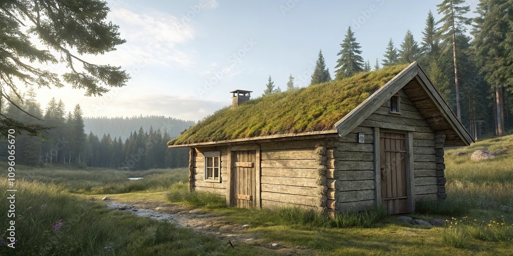 Tiny cabin with a moss-covered roof and wooden door, wooden door, , greenery Tiny cabin with a moss-covered roof and wooden door, wooden door, , greenery