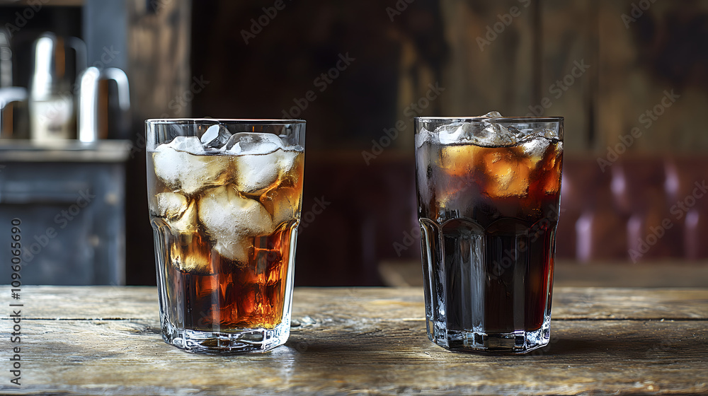 A Visual Contrast of Two Cold Black Coffees: Clear vs. Murky, An Icy Beverage Experience A Visual Contrast of Two Cold Black Coffees: Clear vs. Murky, An Icy Beverage Experience