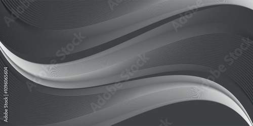 Black abstract background design. Modern wavy line pattern (guilloche curves) in monochrome colors. Premium stripe texture for banner, business backdrop. Dark horizontal vector template