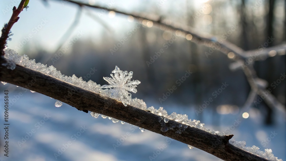 Tiny ice crystal embedded in branch surface, icy formations, autumn mornings Tiny ice crystal embedded in branch surface, icy formations, autumn mornings
