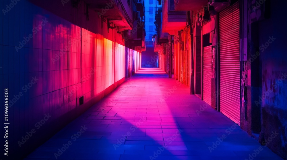 A long alley bathed in vibrant neon pink and blue lights, with dramatic reflections and shadows creating a surreal and futuristic urban atmosphere A long alley bathed in vibrant neon pink and blue lights, with dramatic reflections and shadows creating a surreal and futuristic urban atmosphere