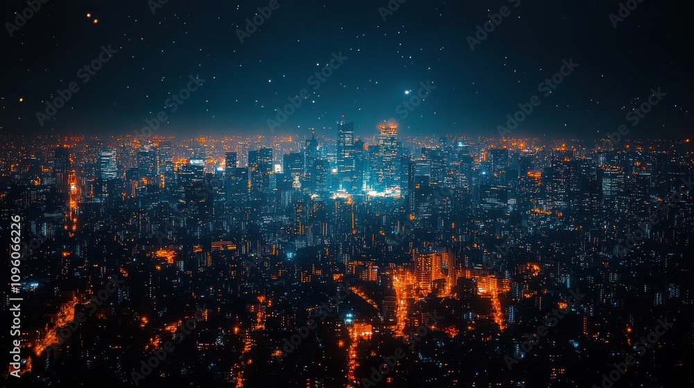 Fototapeta premium A vibrant city skyline illuminated at night, showcasing urban life and technology.