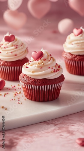 Romantic valentine's day red velvet cupcakes with heart decorations