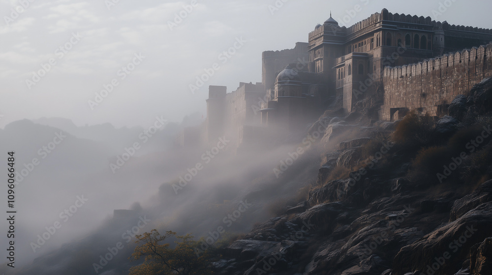 Rajasthan fort in winter, distant view with the majestic fort walls towering over the rocky hill, thin mist blanketing the surrounding valley, Ai generated images Rajasthan fort in winter, distant view with the majestic fort walls towering over the rocky hill, thin mist blanketing the surrounding valley, Ai generated images