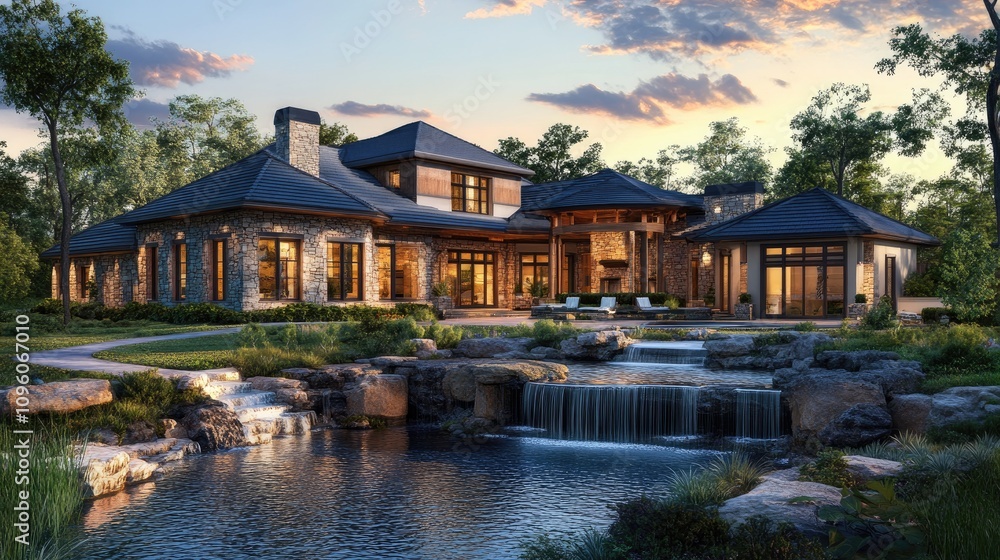 Fototapeta premium Luxurious Home with Cascading Water Features in 3D