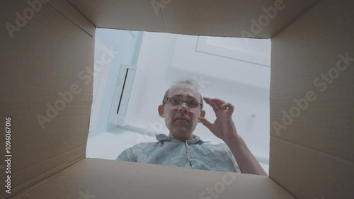 Man adjusts glasses while looking into a box, showing surprise and curiosity with a slight smile in 4K slow motion 120fps