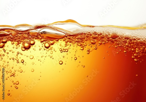 Bubbles Rising in Golden Beverage with Smooth Liquid Surface and Warm Lighting Creating a Refreshing and Inviting Atmosphere for Beverage Imagery