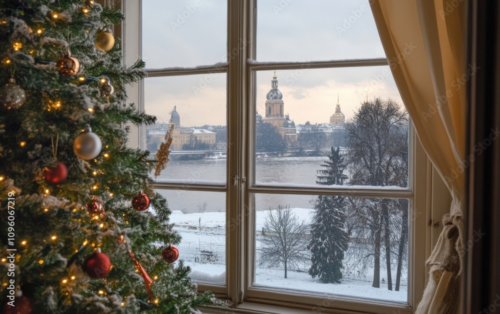 Obraz premium panorama view from window christmas background