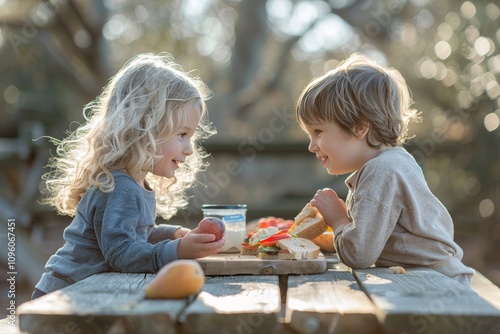 fair-haired children at a table outdoors, eating fruits and sandwiches in the fresh air.