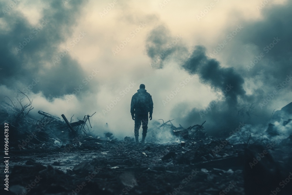 A lone individual traverses a barren and devastated area, enveloped in thick smoke and surrounded by wreckage. The atmosphere is heavy and melancholic, evoking a sense of loss A lone individual traverses a barren and devastated area, enveloped in thick smoke and surrounded by wreckage. The atmosphere is heavy and melancholic, evoking a sense of loss