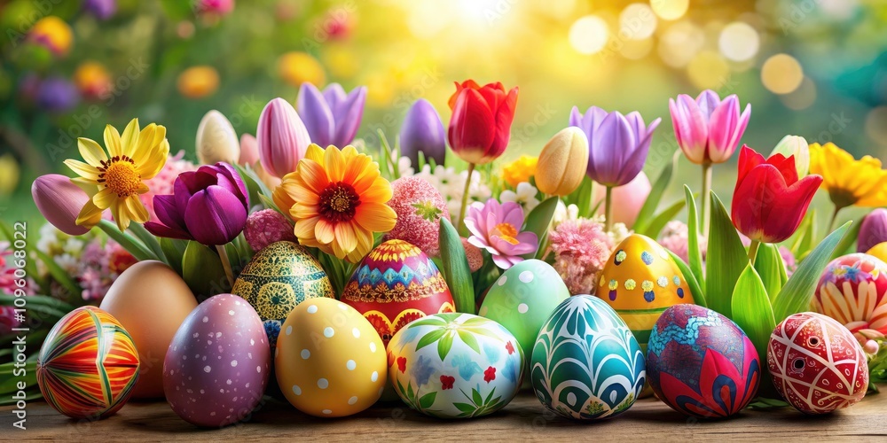 Colorful Easter Eggs Surrounded by Vibrant Spring Flowers in a High Depth of Field Setting for Festive Celebrations Colorful Easter Eggs Surrounded by Vibrant Spring Flowers in a High Depth of Field Setting for Festive Celebrations