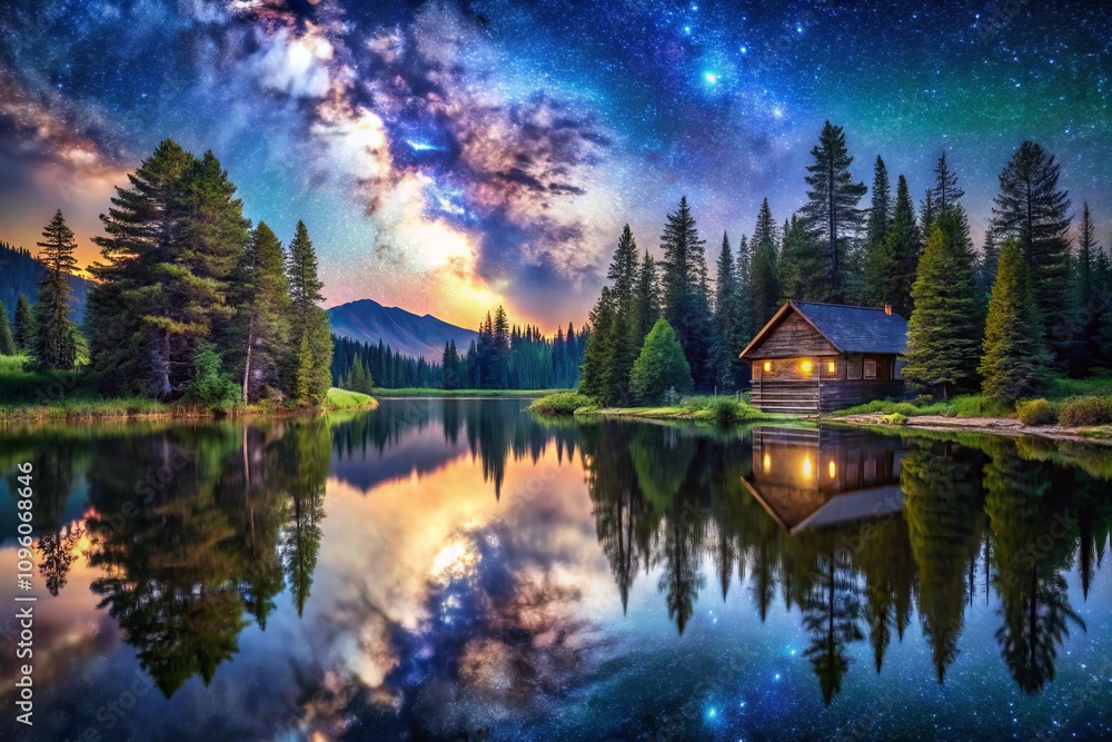 Fototapeta premium Aerial View of a Secluded Lake Cabin Under a Starry Night Sky, with the Galaxy Reflected in Serene Waters, Captured in a Dreamy Watercolor Style for Nature Lovers and Stargazers