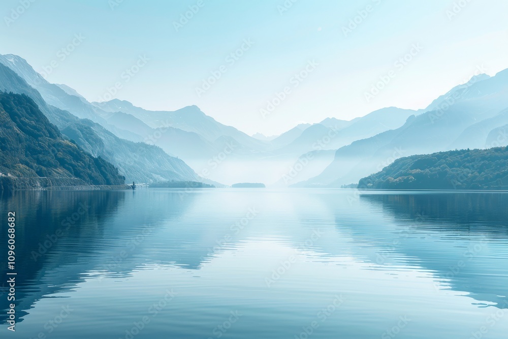 mountains surrounded by a tranquil lake under gentle sunlight mountains surrounded by a tranquil lake under gentle sunlight