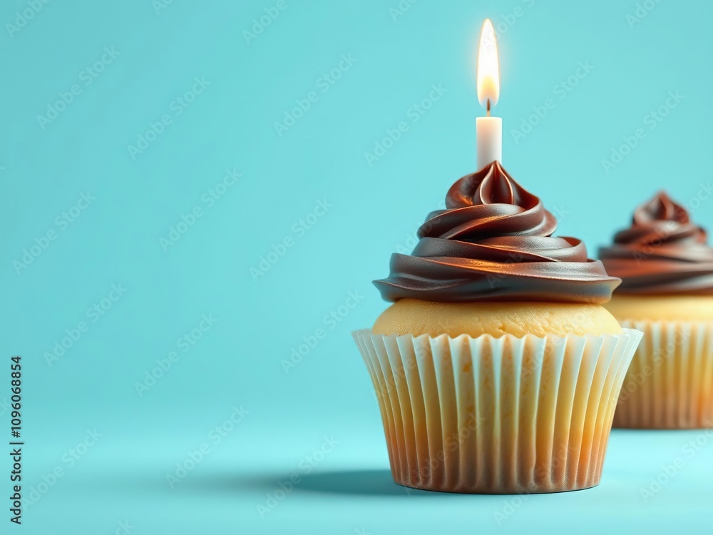 Vanilla cupcake with a moist texture topped with rich chocolate frosting and a lit candle, cupcake decoration, celebratory snack Vanilla cupcake with a moist texture topped with rich chocolate frosting and a lit candle, cupcake decoration, celebratory snack