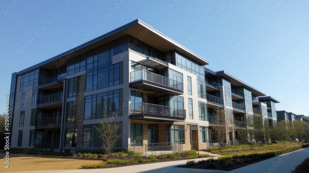 Modern Newly Built Apartment Building with Glass Facades Modern Newly Built Apartment Building with Glass Facades