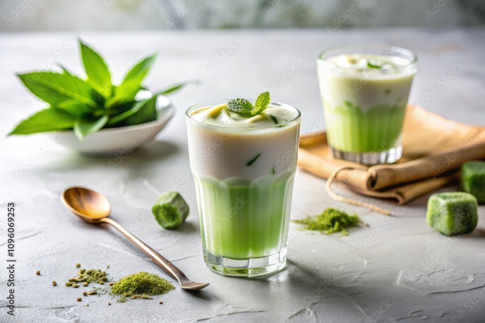Aesthetic Minimalist Matcha Ice Latte in a Clean Setup with Subtle Hues and Soft Lighting, Showcasing the Creamy Texture and Natural Ingredients in a Serene Environment Aesthetic Minimalist Matcha Ice Latte in a Clean Setup with Subtle Hues and Soft Lighting, Showcasing the Creamy Texture and Natural Ingredients in a Serene Environment