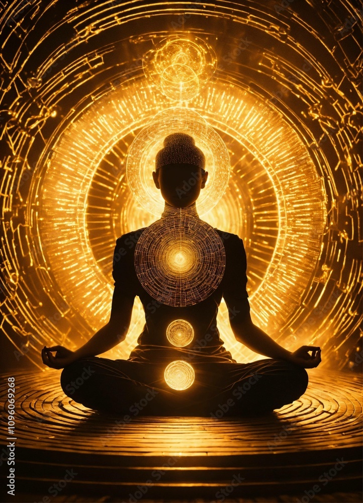 drawing illustration of a silhouette sitting in a meditation position within a golden mercaba of light. above the head there is a vortex of light surrounded by 9 circles. 3d. cinematic lights. drawing illustration of a silhouette sitting in a meditation position within a golden mercaba of light. above the head there is a vortex of light surrounded by 9 circles. 3d. cinematic lights.