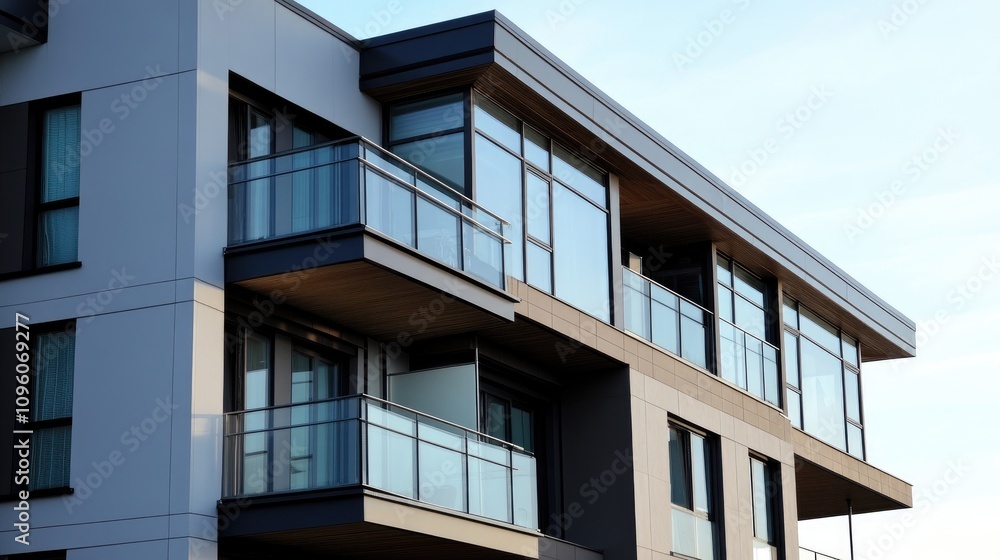 Modern Stylish Apartment Building with Glass Balconies Modern Stylish Apartment Building with Glass Balconies