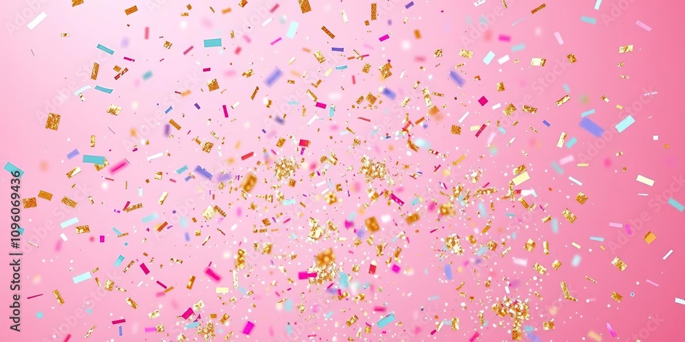 Vibrant confetti explosion against a pastel pink backdrop with glittering rainbow hues and shimmering gold accents, festive colors, party background Vibrant confetti explosion against a pastel pink backdrop with glittering rainbow hues and shimmering gold accents, festive colors, party background