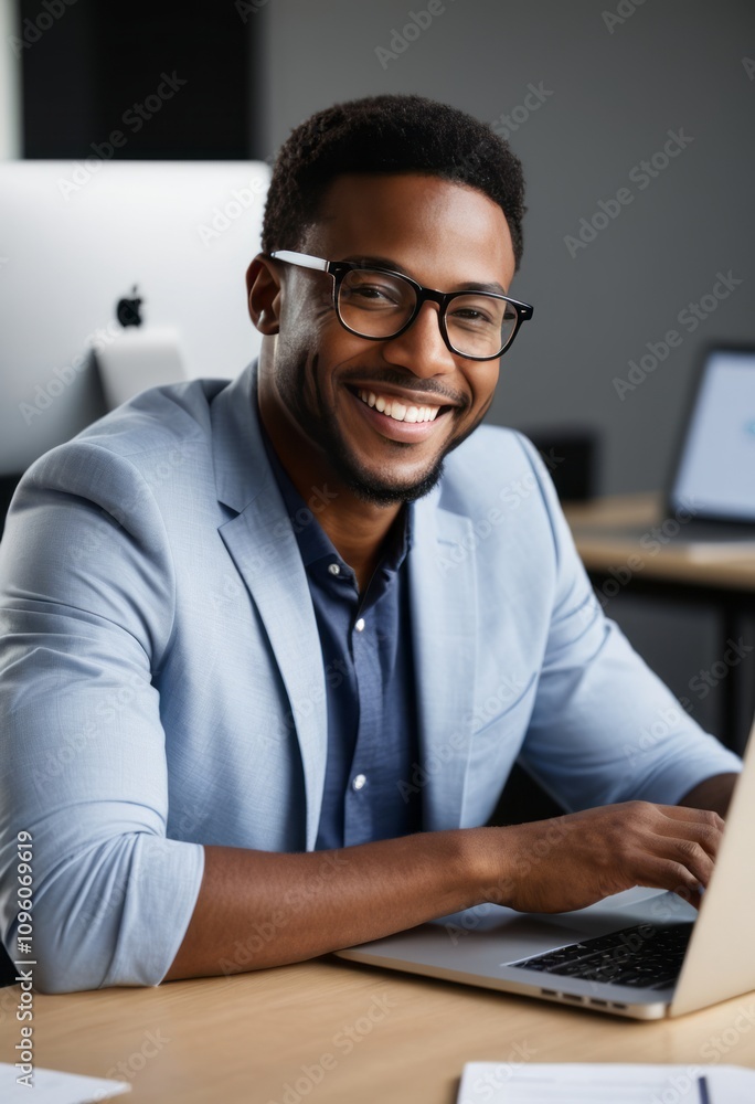 Professional, smiling man, office setting, light blue blazer, white shirt, black-rimmed glasses, laptop computer, Apple logo visible, warm lighting, friendly expression, desk, confident pose, corporat Professional, smiling man, office setting, light blue blazer, white shirt, black-rimmed glasses, laptop computer, Apple logo visible, warm lighting, friendly expression, desk, confident pose, corporat
