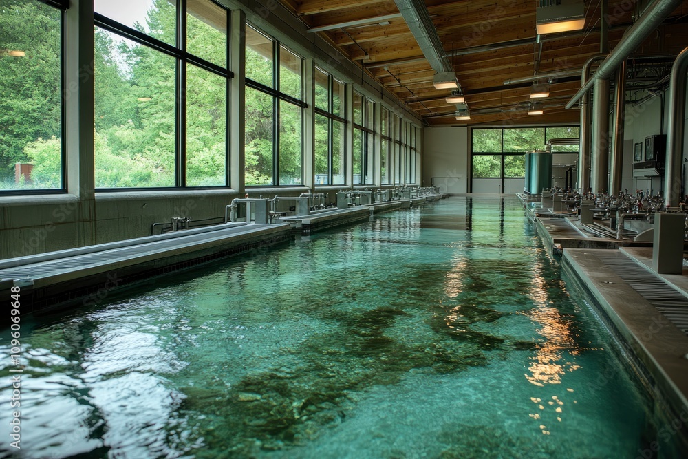 A serene indoor pool with clear water, surrounded by large windows and natural greenery. A serene indoor pool with clear water, surrounded by large windows and natural greenery.