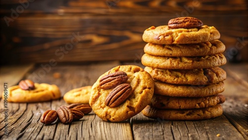 Delicious Stack of Pecan Sandies Cookies on a Rustic Wooden Table with Copy Space for Text photo