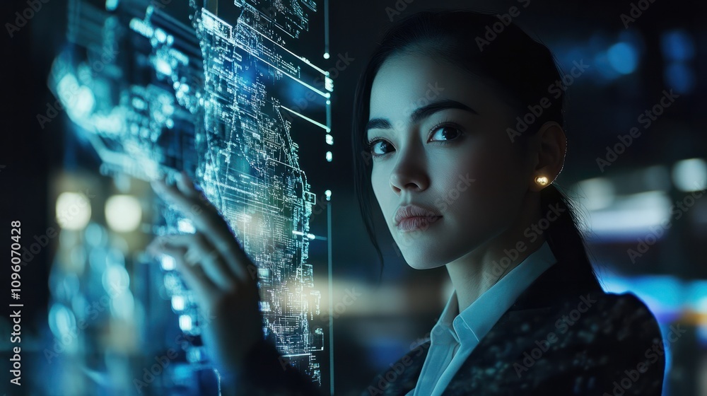Technology, ai and business woman networking or trading at night using virtual UX interface at work. Female using big data hologram with futuristic 5g network and social connections in dark office Technology, ai and business woman networking or trading at night using virtual UX interface at work. Female using big data hologram with futuristic 5g network and social connections in dark office