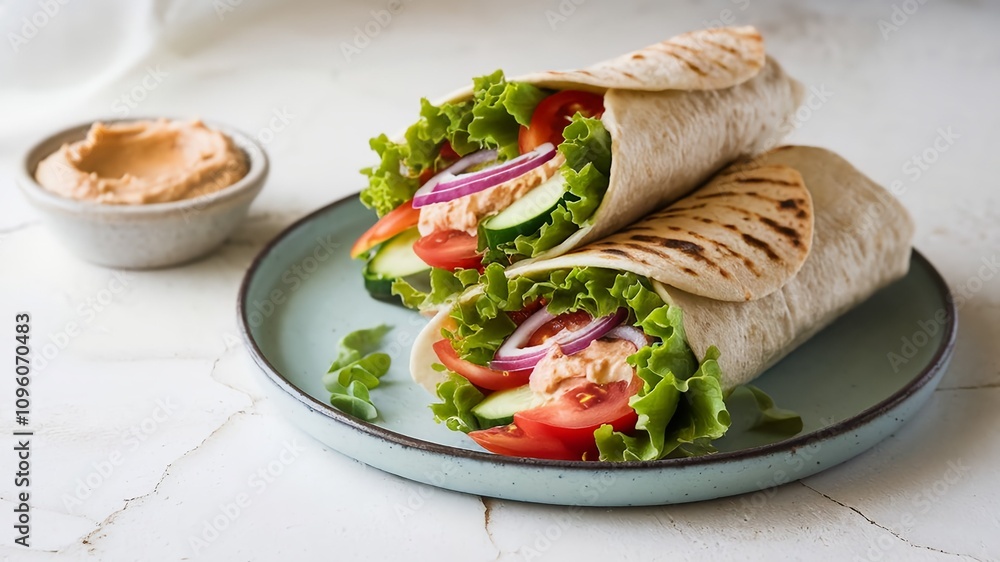 Fresh veggie wrap with creamy hummus dip served on plate, healthy meal choice Fresh veggie wrap with creamy hummus dip served on plate, healthy meal choice