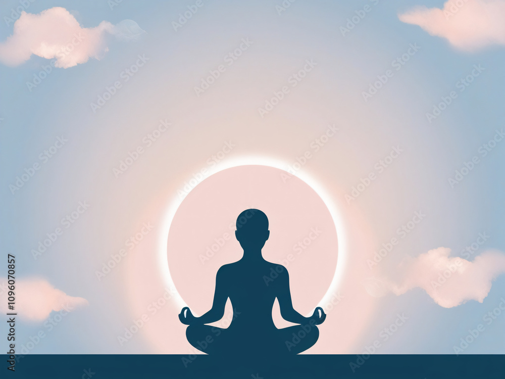 A person meditating in a serene, soft-hued sky backdrop. A person meditating in a serene, soft-hued sky backdrop.