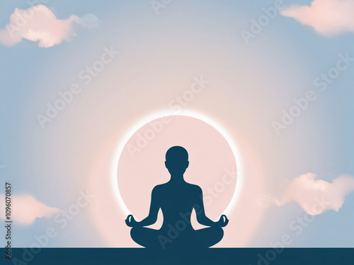 A person meditating in a serene, soft-hued sky backdrop.